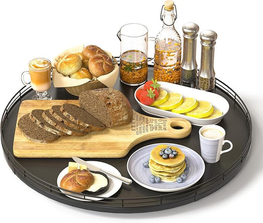 Oroyutor 16-Inch Oak Lazy Susan Organizer with Black Metal Rail | Rotating oak tray organizes spices, toiletries and decor on kitchen counters, bathroom vanities, dining and coffee tables. by Oroyutor