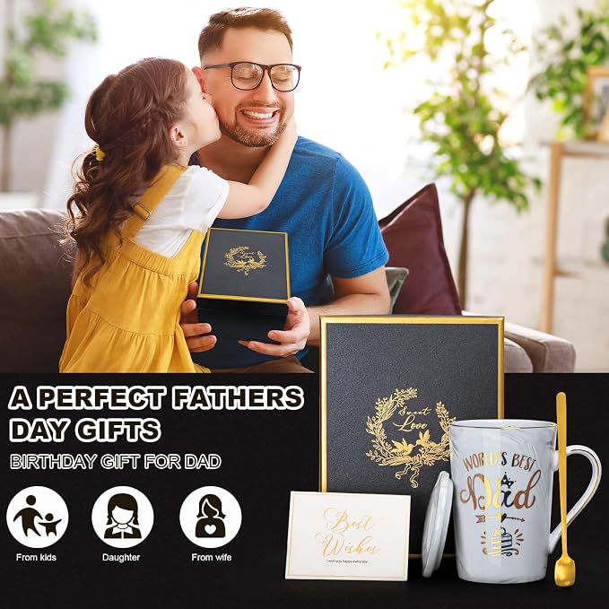 Birthday Gifts Presents for Dad from Daughter Son - World's Best Dad Mug | Funny 14oz Grey Marble Ceramic Coffee Cup with Gold Print, Lid, Spoon, Greeting Card, Nice Gift Box, Fathers Day Daddy Gift - Image 6