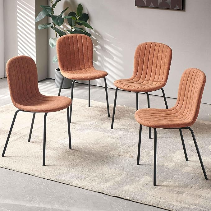 Dining Chair Set of 4, Upholstered PU Leather Seat with Black Metal Legs,Modern Comfortable Kitchen Chair, Curved Backrest Dining Chair for Dining Room Living Home(Mid-Century Brown) - Image 8