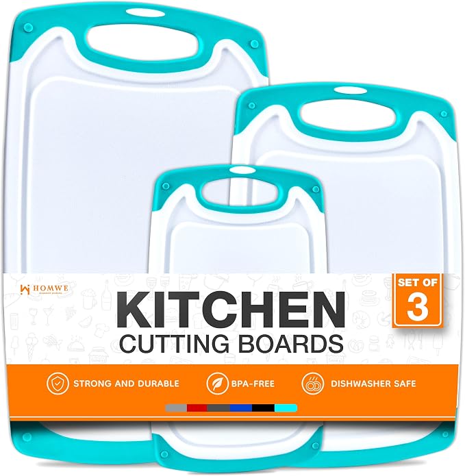 Cutting Boards for Kitchen - BPA-Free Chopping Board - Different Sizes & Non Slip Handles - Reversible, Large Cutting Board Set - Unique Gifts for Cooks Who Have Everything - 3-Pack Aqua by HOMWE