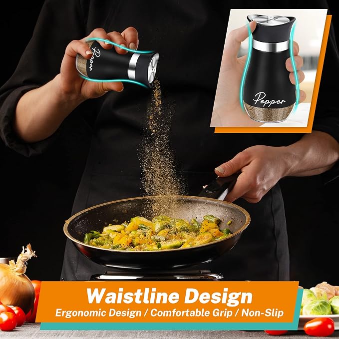 Salt and Pepper Shakers Set,4 oz Glass Bottom Salt Pepper Shaker with Stainless Steel Lid for Kitchen Gadgets Cooking Table, RV, Camp,BBQ Refillable Design (Black) - Image 5