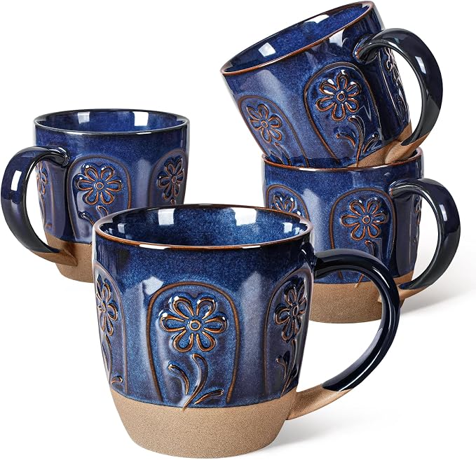 Artena Ceramic Coffee Mugs Set of 4, 16oz Embossed Large Latte Mugs Coffee Cups with Handle for Tea, Latte, Cappuccino & Cocoa, Milk Dishwasher & Microwave Safe, Blue (Pinwheel Flower) by Artena