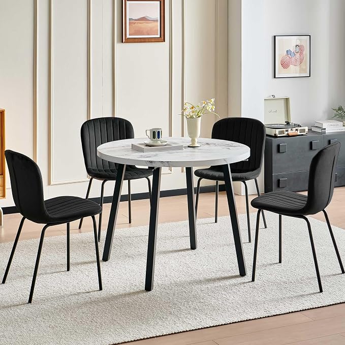 Small Round Dining Table Set for 4 People, 37" Modern Kitchen Table | 5-Piece Set, Faux White Marble MDF table, 4 Black Velvet Chairs, Easy Assembly, Space-saving, Fits Small Dining Room - Image 6