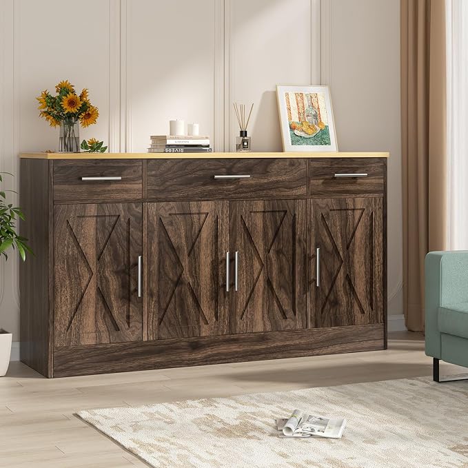 Vongrasig 53' Large Sideboard Cabinet with 4 Doors and 3 Drawers, Farmhouse Buffet Table Coffee Bar Kitchen Storage Cabinet, Wood Cabinet for Kitchen, Dining Room, Rustic Brown by Vongrasig