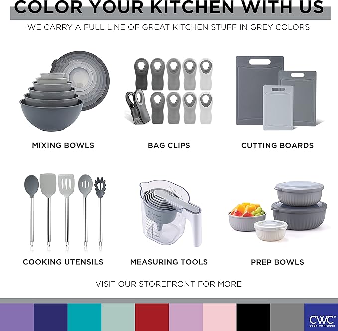 COOK WITH COLOR Nesting Bowls with Measuring Cups Colander and Sifter Set - Includes Mixing Bowls, Colander, Sifter and Measuring Cups, Gray, 8 Pc Bowl