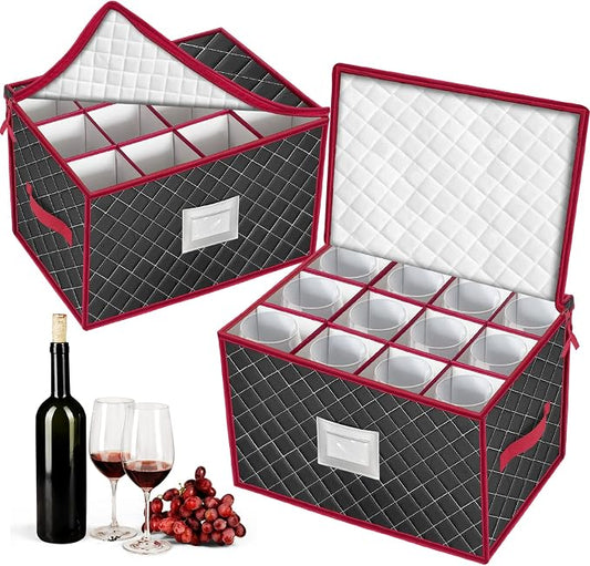 Christmas Stemware Storage Cases with Dividers- Holds 24 Wine Glass Storage or Crystal Glassware Containers, China Storage Containers with 2 Handles and Lable Window -Set of 2 Black by VERONLY