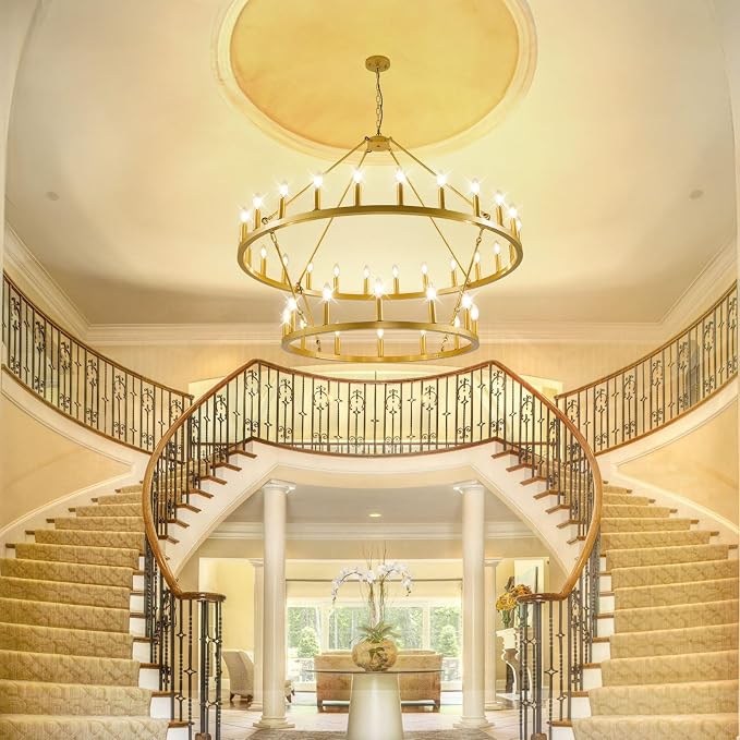 47 Inch Gold Wagon Wheel Chandelier,2 Tier 36-Lights Farmhouse Chandelier for Living Room,Round Rustic Dining Room Light Fixture,Extra Large Foyer Chandeliers for High Ceilings,for Staircase,Entryway - Image 7