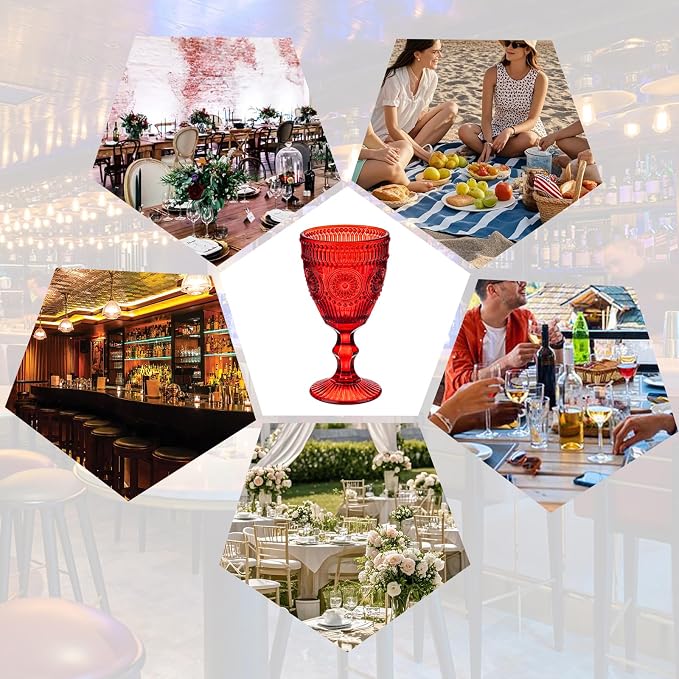 12 Pcs Red Vintage Wine Glasses Set, 10 Ounces Colored Glass Water Goblets, Unique Floral Embossed Pattern High Clear Stemmed Glassware Wedding Party Bar Drinking Cups Fancy Glasses Hand Wash Only - Image 5