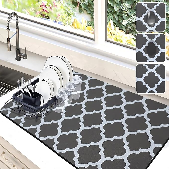 Dish Drying Mat for Kitchen Counter, 16"x24" Rubber Backed (Gray Trellis) | Hide Stain Anti Absorbent for Kitchen Counter, Non-slip Drying Mat for Coffee Machine Dish Rack by Etomiel