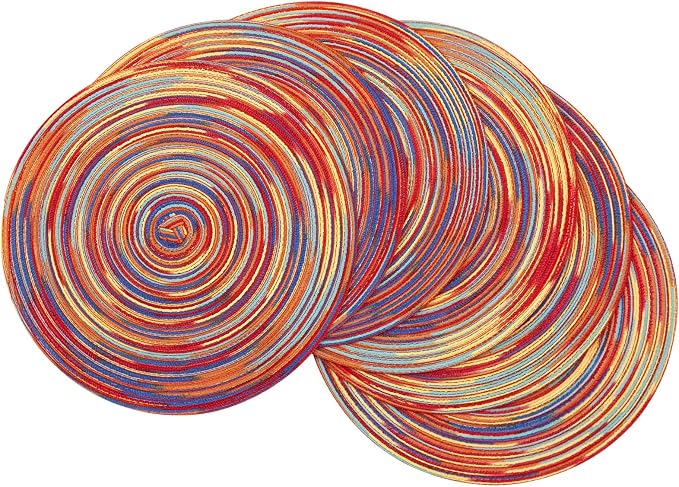 SHACOS Round Braided Placemats Set of 6 Table Mats Colorful Place Mats for Dining Tables Holiday Party Decor (Rainbow Red, 6) by SHACOS