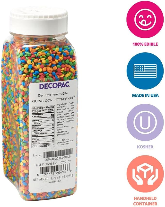 DECOPAC Quins Fancy Sprinkles, 19.5oz, Candy Sprinkles in Handheld Container, Edible Sprinkles For Celebration Cakes, Cupcakes, Cookies - Bright Confetti Quins - Image 2