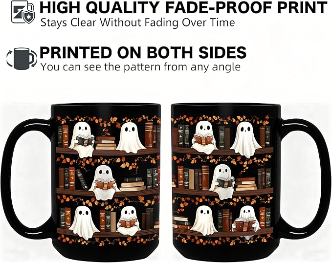 Halloween Ghost Reading Coffee Mug, Bookshelf Tea Cup, Black, 15oz | Ceramic, With Handle, Spooky Book Mug for Book Lovers & Readers, Novelty Festive Bookish Gift for Women, Friends, Coworkers - Image 4