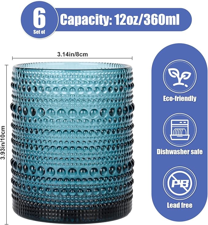 ZMOWIPDL Drinking Glasses Set of 6,12oz Blue Hobnail Glass Cups | Vintage Glassware，Embossed Water Tumbler,for Beer,Cocktail,Whiskey,Juice and Various Mixed Drinks- 1 Cleaning Brus - Image 2