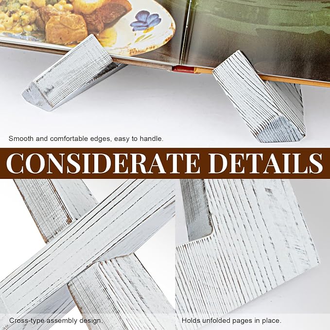 PUERSI Cookbook Stand for Kitchen, Recipe Book Holder for Kitchen Counter | Wooden Cookbook Holder, Rustic Cook Book Holder Stand - Farmhouse White - 1 Set - Image 5