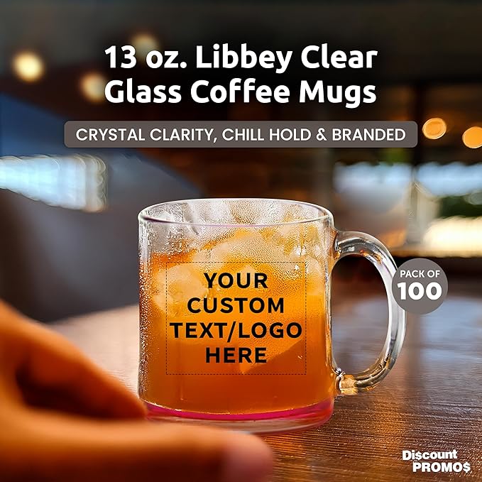 Custom Libbey Clear Glass Coffee Mugs 13 oz. Set of 100, Personalized Bulk Pack - Perfect for Coffee, Tea, Espresso, Hot Cocoa, Other Beverages - Pink Bottom