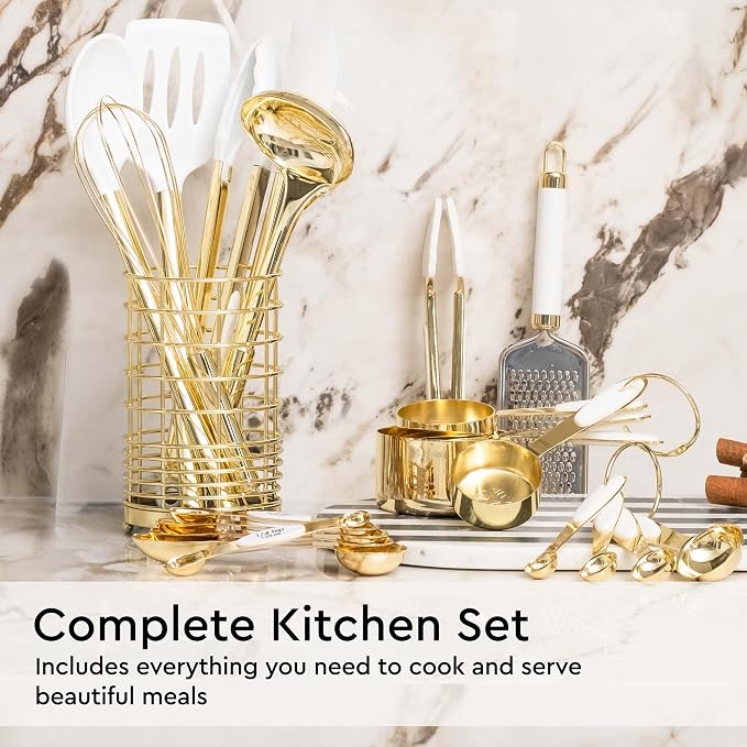Styled Settings White and Gold Kitchen Utensils Set, 23-Piece | Stainless Steel, Gold Kitchen Accessories Include Measuring Cups, Silicone Utensils, Utensil Holder -Gold Kitchen Accessories - Image 2
