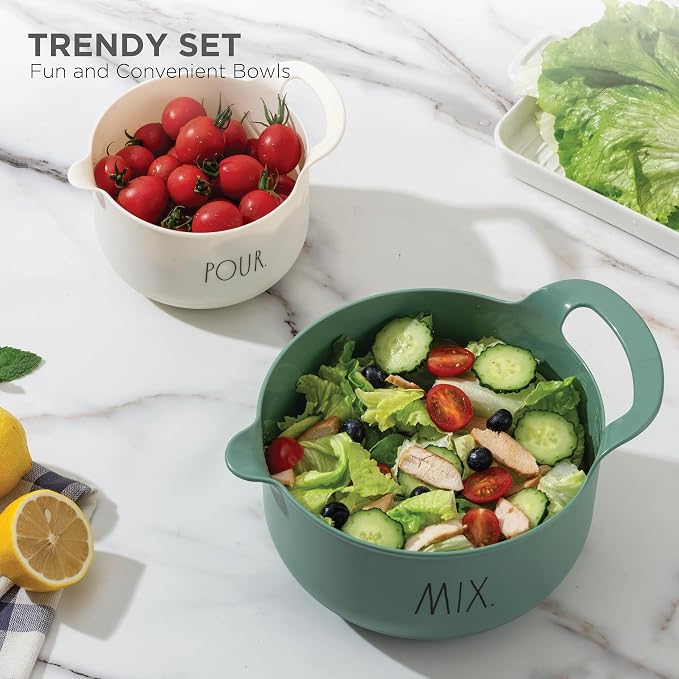 Rae Dunn Non-Slip Mixing Bowls - 4 Piece Nesting Plastic Mixing Bowl Set with Pour Spouts and Handles-Measurement Markings (Sage) - Image 4