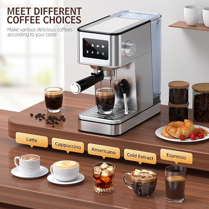 Espresso Machine with Milk Frother, 20 Bar Compact Espresso Maker with Touch Screen & 57.5oz Removable Water Tank for Home, Stainless Steel Coffee Machine for Cappuccino, Latte, Silver(updated)