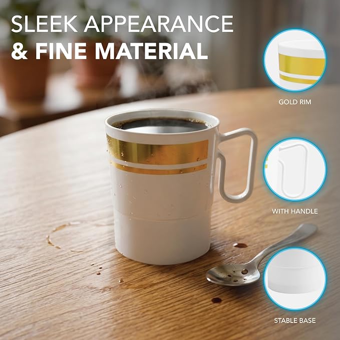 Party Essentials 8-Ounce Hard Plastic Coffee Cup/Tea Mug with Handle, 20-Count, White W/Gold Rim - Image 5