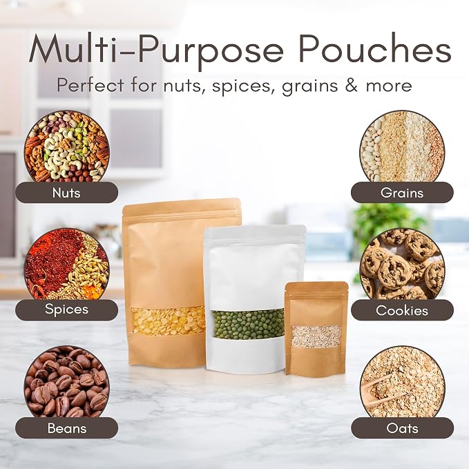 DiRose Kraft Stand Up Pouches with Window, Reclosable Food Storage Bags, Heat Sealable Stand Up Pouch for Coffee, Candy, Nuts, Tea, Spices – 12 oz (300 Pack) - Image 7