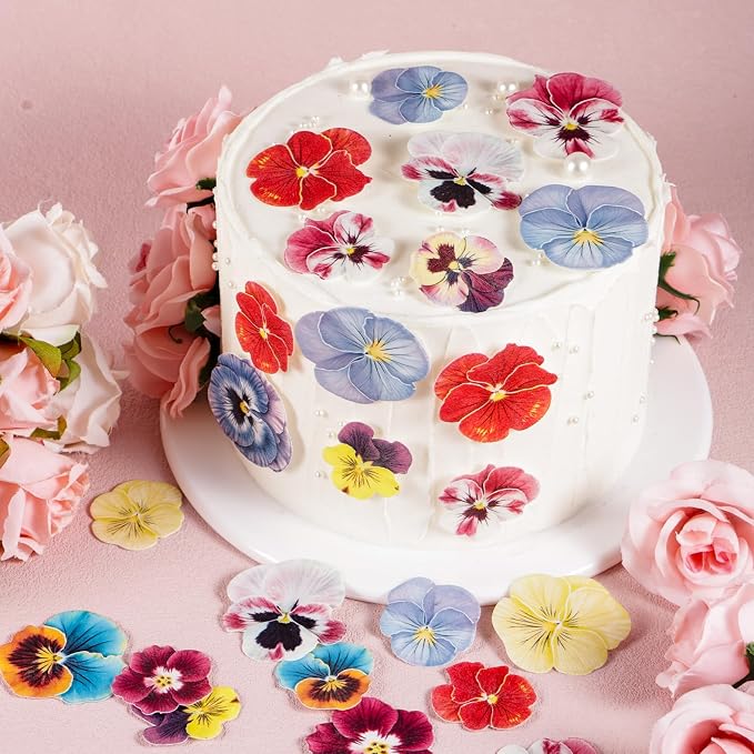 60pcs Edible Flower Cake Decoration, Wafers Paper Pansy Cake Topper Colorful Spring Birthday Party Decorations for Wedding Theme DIY Crafts Baby Shower Supplies - Image 7