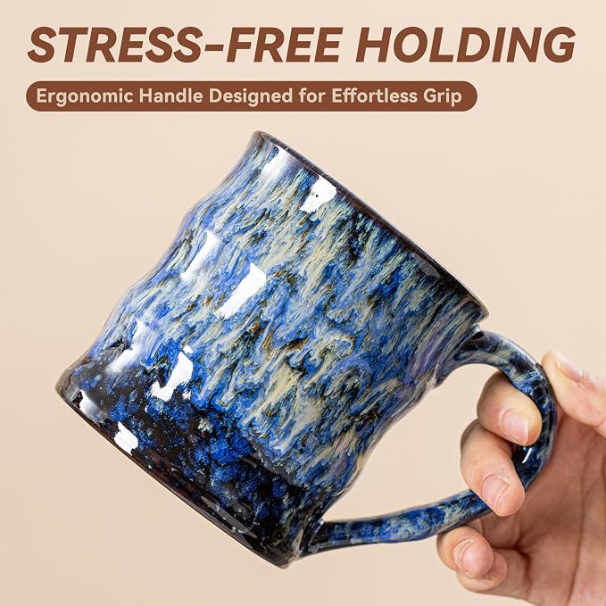 Unique Reactive Glaze Ceramic Coffee Mug - 15 oz Large Coffee Cup with Ergonomic Handle, Deep Sea Blue Ceramic Mug for Office & Home, Great Birthday Gift for Women, Men & Friends - Image 7