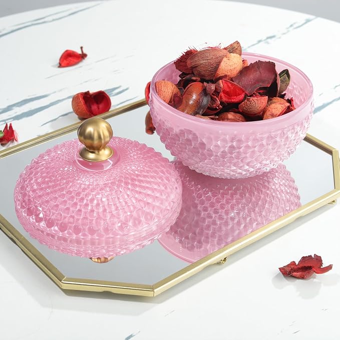 Joeyan 12 oz Small Pink Glass Jewelry Box Jars with Lid,Embossed Glass Candy Dishes,Diamond Faceted Food Container,Decorative Apothecary Canisters,Colored Kitchen Bathroom Buffet Storage Organizer - Image 4