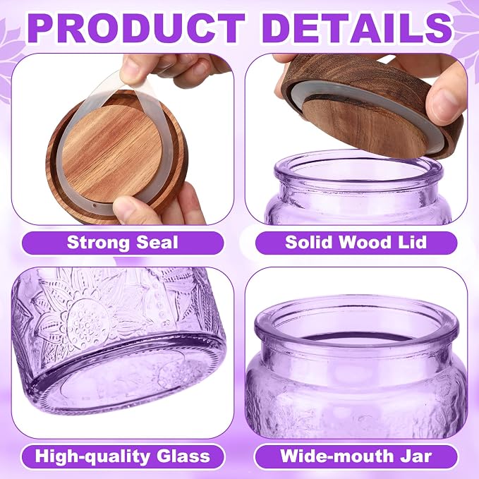 LemonRoad 8 Pcs Vintage Purple Glass Storage Jars 23.67 oz Candy Jar Canister with Solid Wood Lids Food Storage Container for Kitchen, Ground Coffee, Tea, Sugar, Decorative Mason Cookie Jar - Image 3