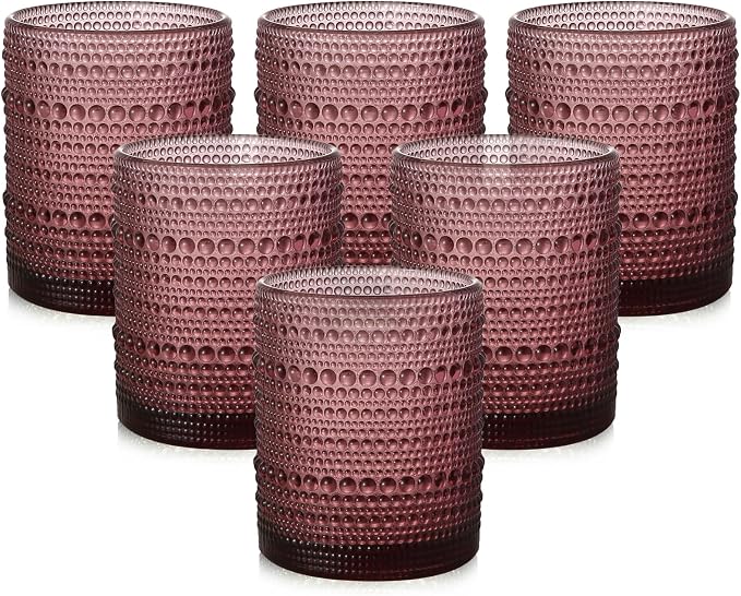 ZMOWIPDL Drinking Glasses Set of 6,12oz Purple Hobnail Glass Cups | Vintage Glassware，Embossed Water Tumbler,for Beer,Cocktail,Whiskey,Juice and Various Mixed Drinks- 1 Cleaning Brush by ZMOWIPDL