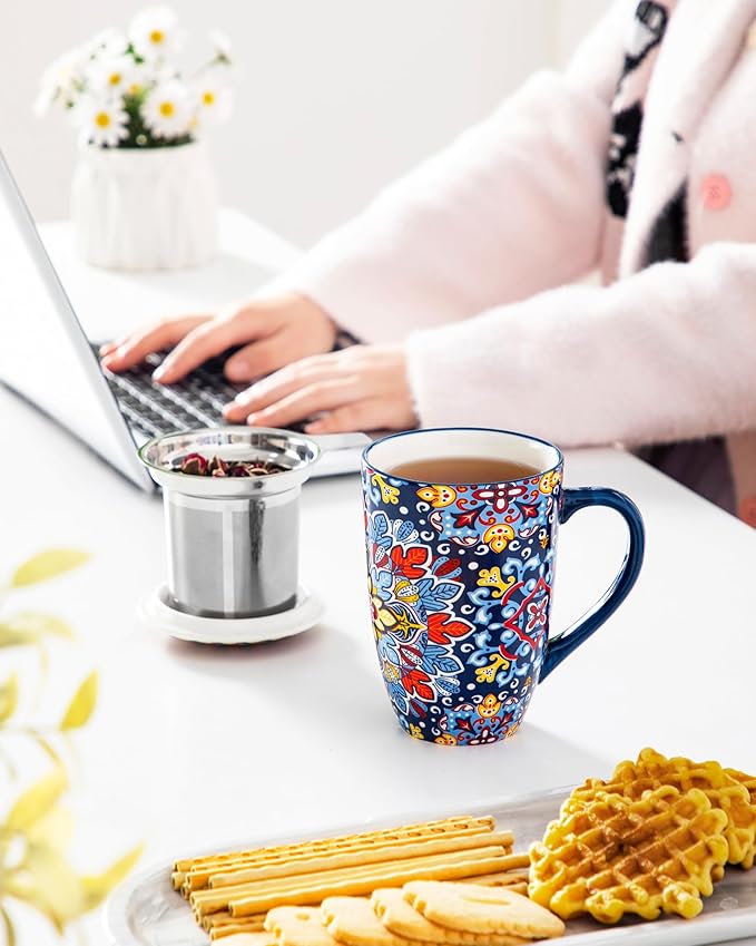 vancasso Ceramic Tea Mug with Infuser and Lid, 18 Ounce Bohemian Loose Leaf Cup, Microwave & Dishwasher Safe, Perfect for Tea, Coffee, Royal-Crimson Flourish - Image 6