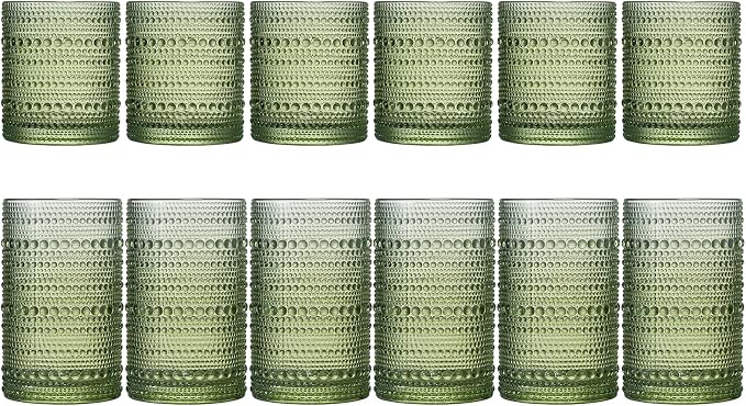 Khen Hobnail Beaded Highball Drinking Tumbler Glasses | Set of 12 | Color, Vintage Bubble Design Whiskey Glassware, Old-Fashioned, Embossed Design for Water Wine, Cocktail Embossed Heavy Glass (Green) - Image 3
