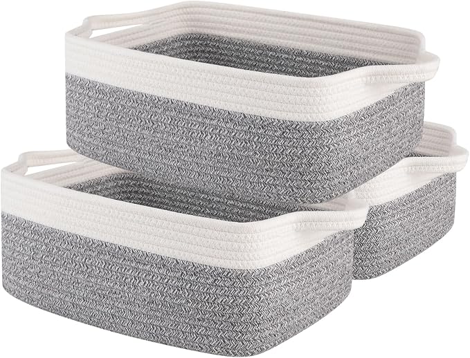 OIAHOMY 3 Pack Storage Baskets for Organizing, Woven Cotton Rope Basket for Shelves, Closet Organizer Bins with Handles, Rectangle Toy Organization, 13.78''×9.84''×5.5'', Grey & White by MasterofSpaceOptimization
