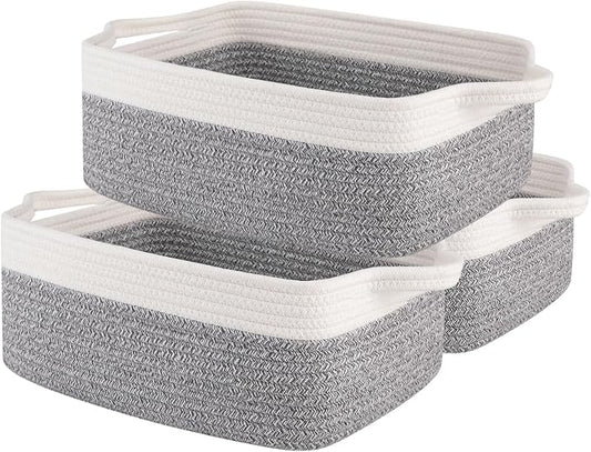 OIAHOMY 3 Pack Storage Baskets for Organizing, Woven Cotton Rope Basket for Shelves, Closet Organizer Bins with Handles, Rectangle Toy Organization, 13.78''×9.84''×5.5'', Grey & White by MasterofSpaceOptimization