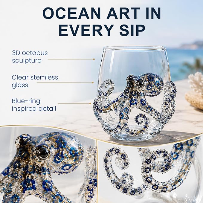Coastal Stemless Wine Glasses Set of 4, 12oz 3D Ocean Animal Artisan Glassware Collection with Unique Sea Life Designs (A - Set of 1) - Image 2