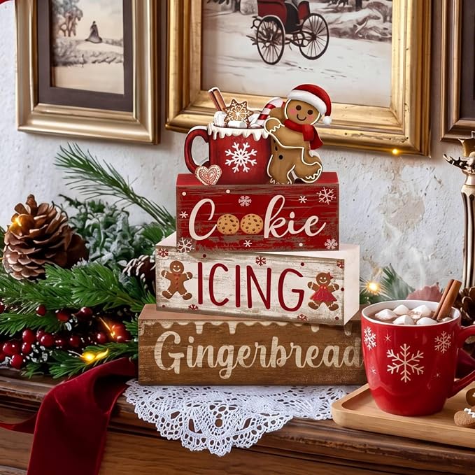 Moucuny 4 Pcs Christmas Table Decor Wooden Gingerbread Cocoa Decoration Christmas Centerpiece Winter Tiered Tray Decor Gingerbread Man Cocoa Block Signs Gift Farmhouse Xmas Decoration for Home Kitchen - Image 2