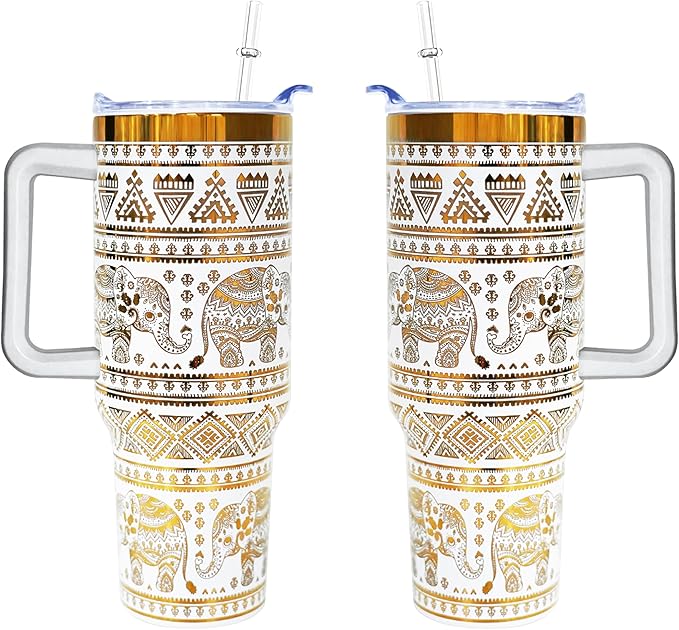 40 oz Elephant Laser Engraving Tumbler With Handle With Lid Straw Double Insulated Travel Coffee Cup Elephant Travel Accessories Must Have Gifts For Women