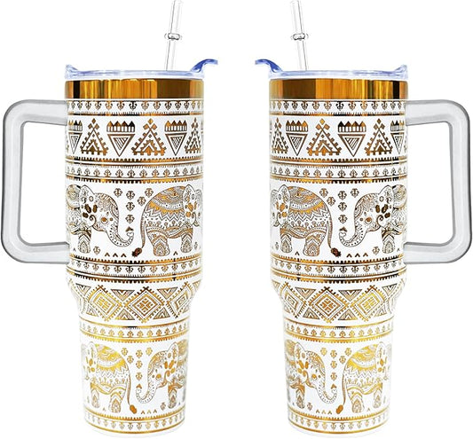 40 oz Elephant Laser Engraving Tumbler With Handle With Lid Straw Double Insulated Travel Coffee Cup Elephant Travel Accessories Must Have Gifts For Women