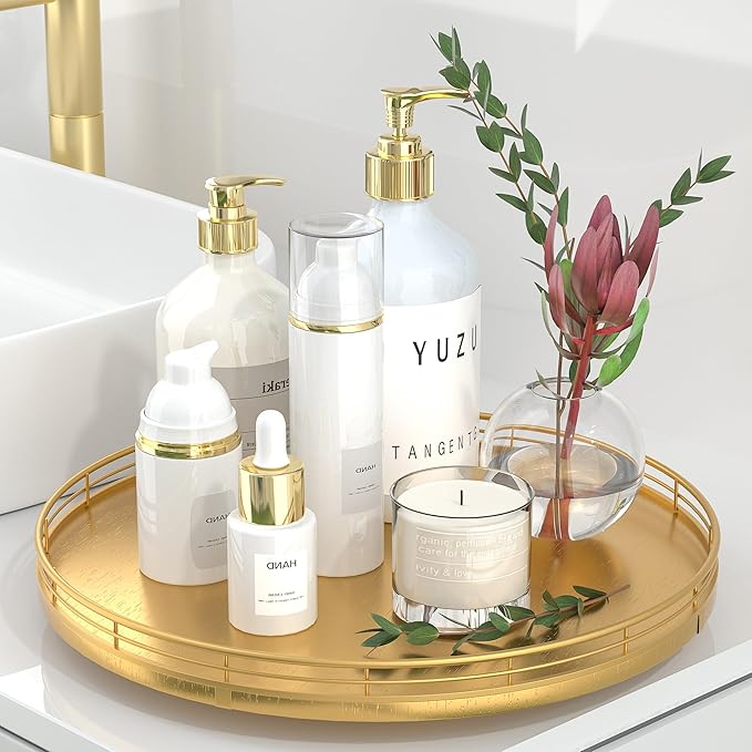 Oroyutor 13-Inch Oak Lazy Susan Decorative Tray with Gold Metal Rail | Rotating oak tray organizes spices, toiletries and decor on kitchen counters, bathroom vanities, dining and coffee tables. by Oroyutor