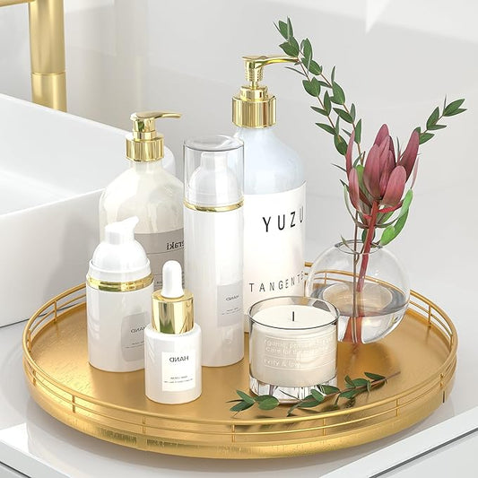 Oroyutor 13-Inch Oak Lazy Susan Decorative Tray with Gold Metal Rail | Rotating oak tray organizes spices, toiletries and decor on kitchen counters, bathroom vanities, dining and coffee tables. by Oroyutor