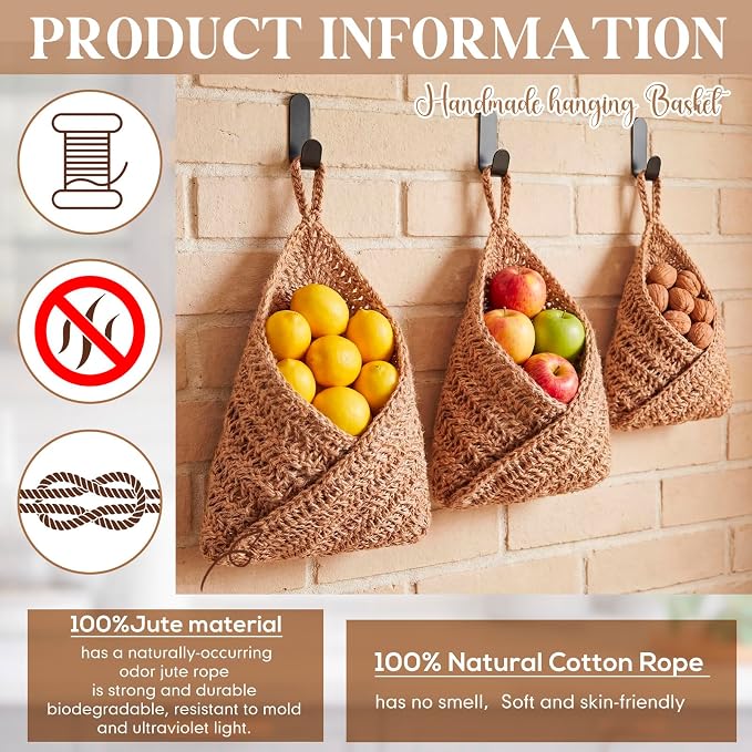 Honeydak Boho Decor Hanging Wall Baskets for Kitchen 3 Pack Teardrop Baskets with Hooks Storage Fruit Onion Vegetable Potato for Home 3 Sizes(Linen,Triangle,Jute) - Image 7