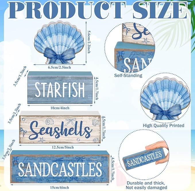 Moucuny 4 Pcs Nautical Beach Decor Shell Tiered Tray Decoration Blue Bow Table Centerpieces Summer Rustic Decorative Block Signs Gift Farmhouse Table Sign for Home Kitchen Shelf - Image 3
