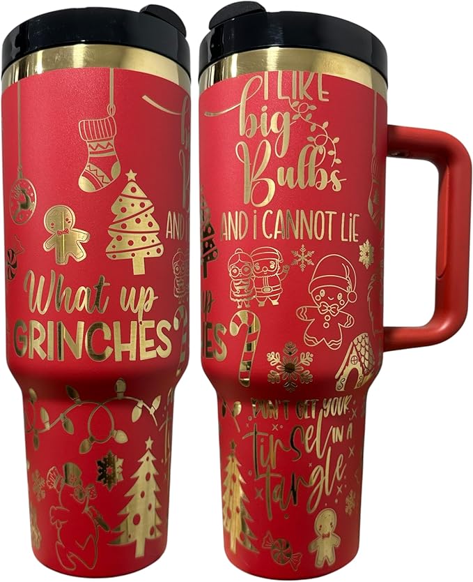 Tumbler, 40oz Tumbler, Western Tumbler, Engraved Cup with Handle, Cute Coffee Mug, 40oz Coffee Mug (40oz Red/Gold(24)-Funny christmas(G7))
