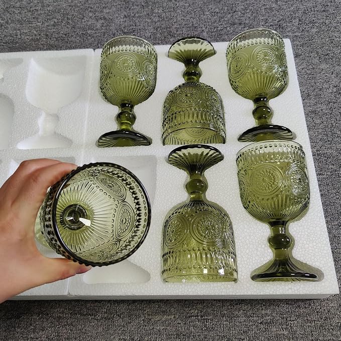 Taganov Green Wine Glasses Drinking Water Goblets set of 6 Vintage Colored Glassware 12 Ounces Sunflower Stemmed Cups for Wedding Party Bars Restaurants - Image 8