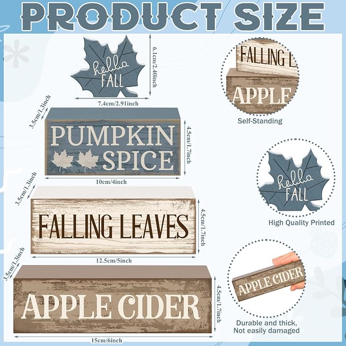 Moucuny 4 Pcs Fall Table Decoration Rustic Blue Maple Leaf Stacked Wooden Block Decor Thanksgiving Tiered Tray Decor Blue and White Maple Leaf Block Sign Gift Fall Centerpiece for Harvest Home Kitchen - Image 3