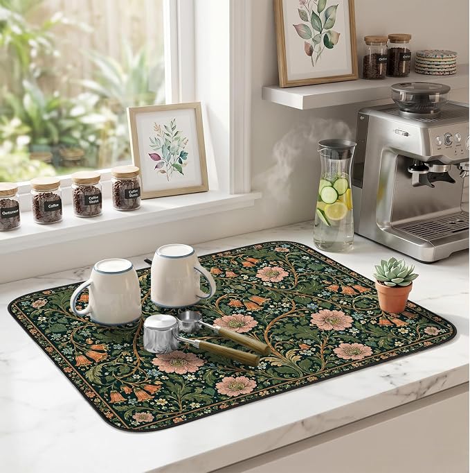 Vintage Floral Dish Drying Mat for Kitchen Counter Coffee Bar 18x24 in | Decorative Non Slip Absorbent Kitchen Dishes Drainer Mat, with Anti-slip Rubber Backing & Hanging Loop, for Sink, Home Gift - Image 6