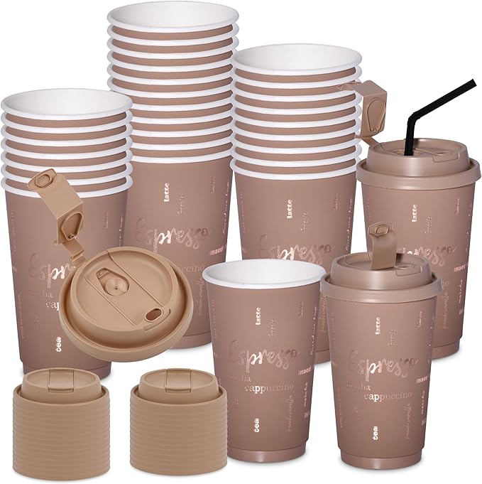 16oz Premium Disposable Coffee Cups, Double-Wall Insulated Paper Cups with Flip-Top Lids, No Sleeves Needed, To-Go Cups for Coffee, Tea, Hot Chocolate, Events, Rose Gold Print (Brown, 60ct)