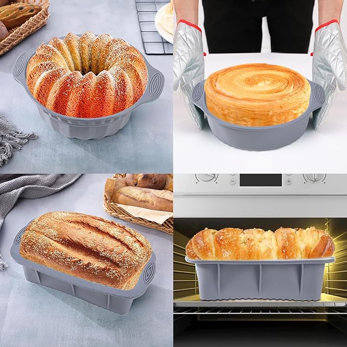 24 PCS Nonstick Silicone Baking Pans Set,With Baking Pan Cake Molds,Fluted Pans,Donut Pan,Muffin Pan,Nonstick Cake Pan Reusable Tube Oven Baking Mold for Muffin, Cake, Bread(Light Grey)