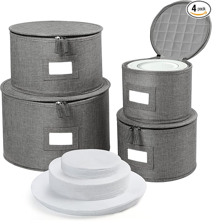 LotFancy China Storage Containers, Hard Shell, 4PCS Set, Dish Saucer Plate Storage Box for Moving, Stackable Dinnerware Organizer Bins with 48 Felt Dividers, Grey by LotFancy