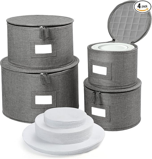 LotFancy China Storage Containers, Hard Shell, 4PCS Set, Dish Saucer Plate Storage Box for Moving, Stackable Dinnerware Organizer Bins with 48 Felt Dividers, Grey by LotFancy