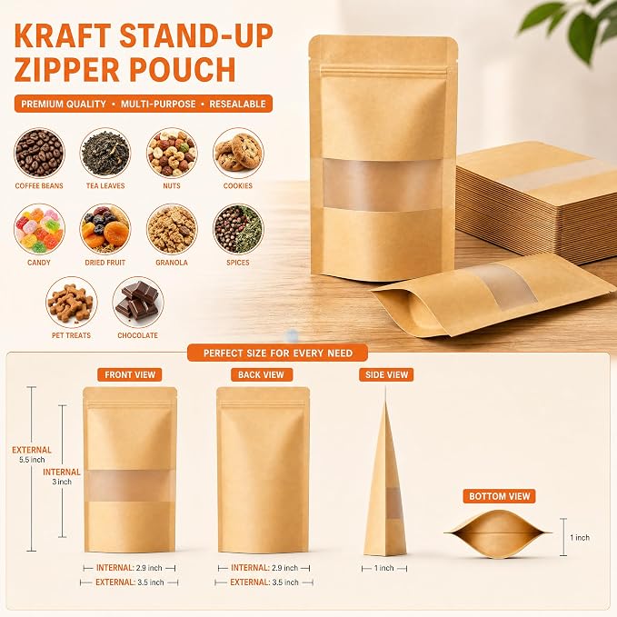 100 Pcs Kraft Paper Bags with Window, 3.5" x 5.5" Stand Up Pouches Bags, Food Storage Bags for Packaging Products, Reusable, Sealable - Image 2